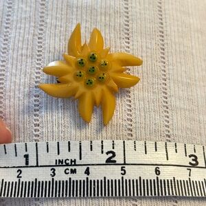 Yellow Flower Brooch, celluloid cream and green alpine Edelweiss brooch,